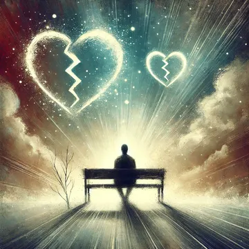 Ilustración simbólica de una persona reflexionando tras una ruptura sentimental, con un fondo melancólico que transiciona hacia la esperanza.